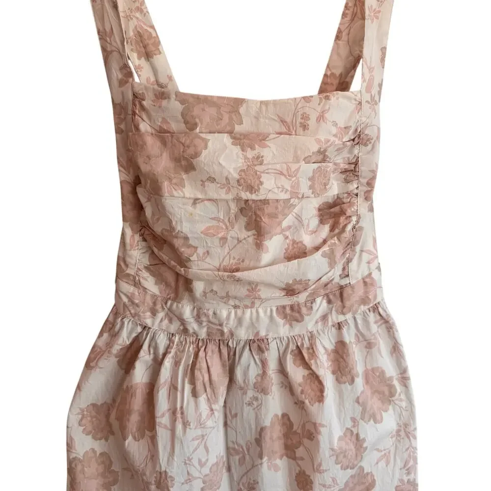 Free People Pink Beige Floral Jacquard Open Back Ruched Mini Dress NWT M